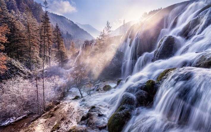winter, mountains, waterfall, China nature, morning, wood, China