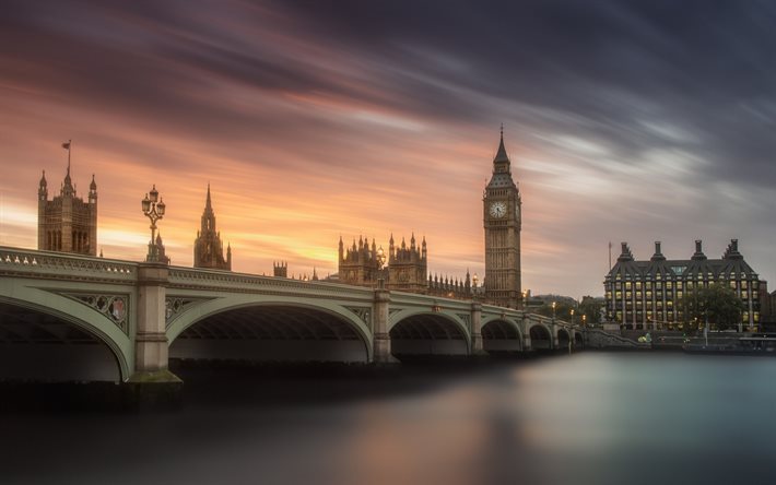 O Big Ben, Londres, Inglaterra, Pal&#225;cio de Westminster, P&#244;r do sol, Thames, Reino Unido