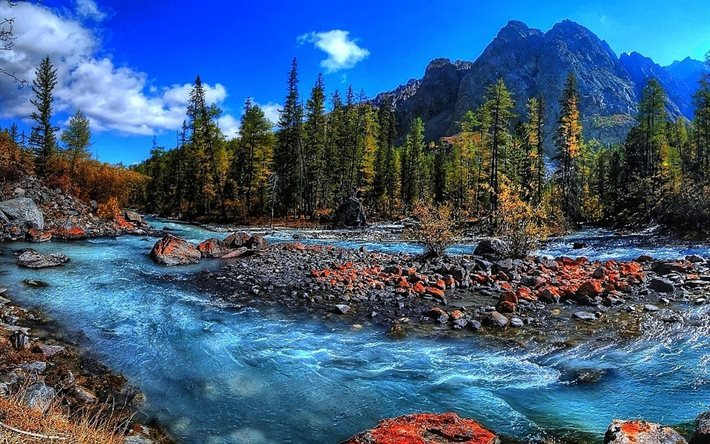 mountains, autumn, river, forest, HDR