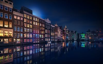por la noche, Amsterdam, pa&#237;ses Bajos, las Luces de la Ciudad