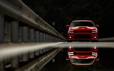 La Dodge charger, 2016 voitures, route, flaque d&#39;eau, de r&#233;flexion, de muscle cars, Dodge