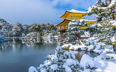 inverno, tempio Giapponese, lago, Kyoko-chi Stagno, Specchio Stagno, Giappone, Kinkaku-ji, Padiglione d&#39;Oro