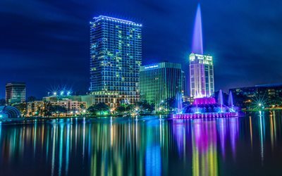 Orlando, night, Lake Eola Park, Downtown, Florida, USA, America