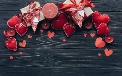 バレンタインデー, 赤心, 贈り物, キャンドル, ロマンティックの装飾, 月14日, 燃焼赤キャンドル