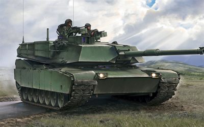 M1A2 Abrams, main battle tank, art, green camouflage, American tank, USA