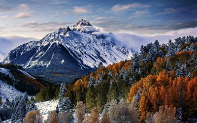 Mount Sneffels, 4k, mountains, winter, forest, Sneffels Range, Rocky Mountains, USA