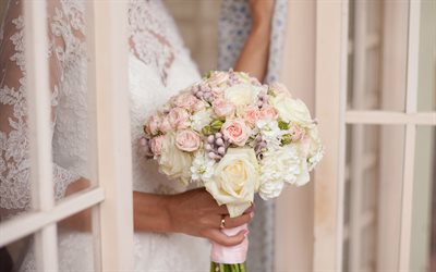 bouquet de mariage, roses blanches, de mari&#233;e, robe blanche, un bouquet &#224; la main, de mariage concepts, 4k