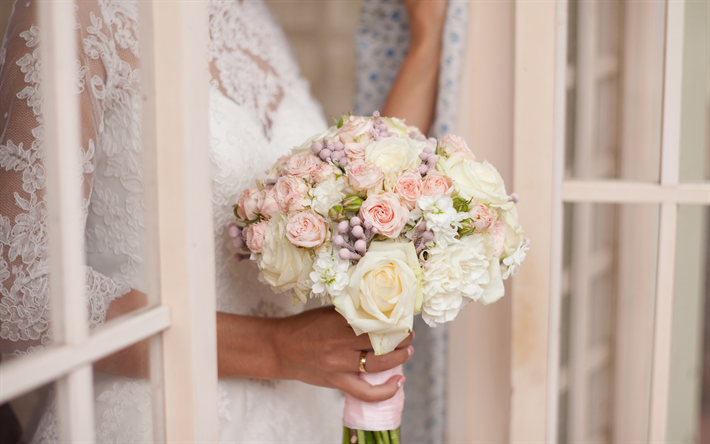 buqu&#234; de casamento, rosas brancas, noiva, vestido branco, buqu&#234; na m&#227;o, casamento conceitos, 4k