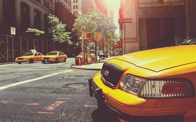 4k, New York, taxi jaune, de la rue, gratte-ciel, taxi, etats-unis, en Am&#233;rique, &#224; new york
