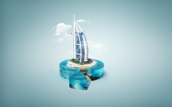 O Burj Al Arab, 4k, Arte 3d, Dubai, EMIRADOS &#225;rabes unidos, conceitos de viagens