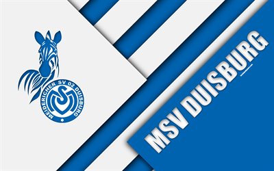 MSV Duisburg, logo, 4k, Saksalainen jalkapalloseura, materiaali suunnittelu, sininen valkoinen abstraktio, Duisburg, Saksa, Bundesliga 2, jalkapallo