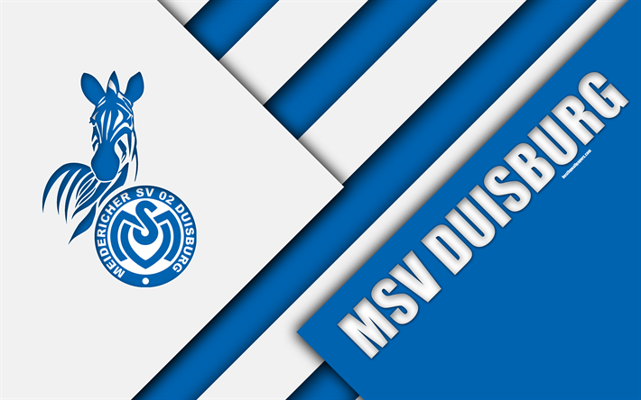MSV Duisburg, logo, 4k, German football club, material design, blue white abstraction, Duisburg, Germany, Bundesliga 2, football