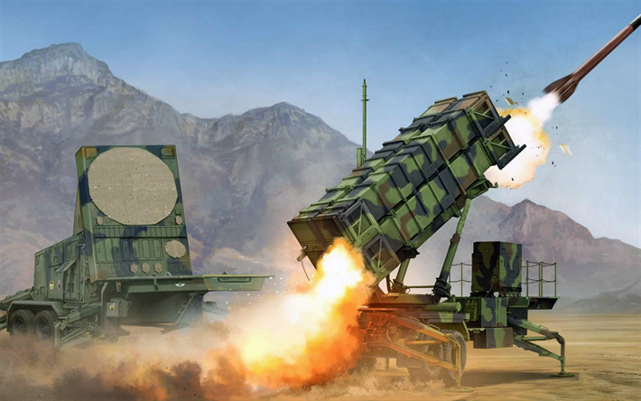 MIM-104 Patriot, surface-to-air missile system, American anti-missile system, United States Army, art, launch of a military missile