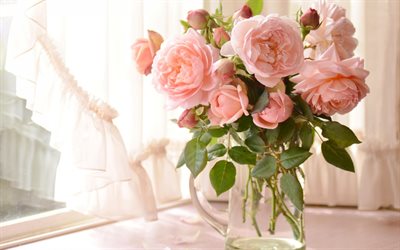 rosas cor-de-rosa, buqu&#234;, flores na mesa, vaso com flores, rosas