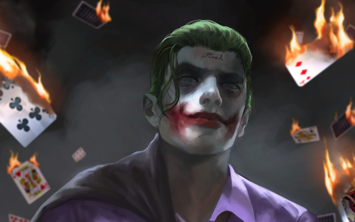 Download wallpapers Joker, art, supervillain, fire, DC ...