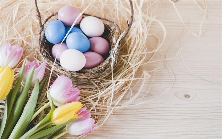 Pasqua, 1 aprile, Pasqua uova decorate, nido, tulipani rosa, primavera