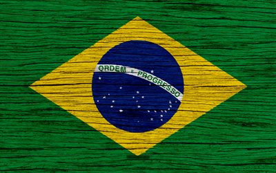 Flag of Brazil, 4k, South America, wooden texture, Brazilian flag, national symbols, Brazil flag, art, Brazil