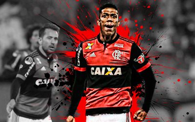 Orlando Berrio, 4k, Colombian football player, Flamengo, striker, red black paint splashes, creative art, Serie A, Brazil, football, grunge