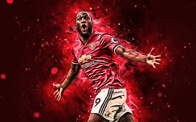 4k, Romelu Lukaku, goal, Manchester United FC, striker, Belgian footballers, neon lights, forward, Premier League, Lukaku, England, soccer, football, Man United