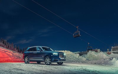 Rolls-Royce Cullinan, 2019, exterior, luxury SUV, new blue Cullinan, British cars, ski resort, lift, Rolls-Royce