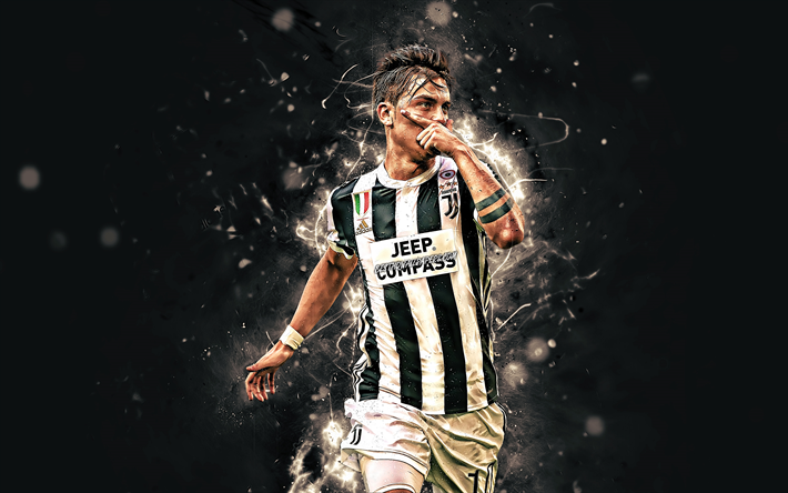 4k, Paulo Dybala, Bianconeri, personal celebration, Juventus FC, Argentinian footballers, fan art, soccer, Serie A, Juve, Dybala, neon lights, Italy