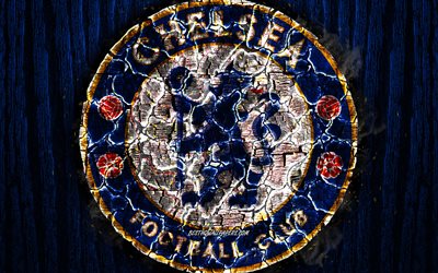 Chelsea FC, scorched logo, Premier League, blue wooden background, english football club, grunge, Chelsea, football, soccer, Chelsea logo, fire texture, England