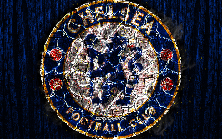 Il Chelsea FC, bruciata logo, Premier League, blu sfondo di legno, il club di calcio inglese, grunge, Chelsea, calcio, logo, texture del fuoco, Inghilterra