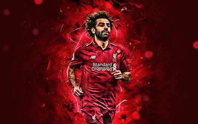 Mohamed Salah, LFC, egyptian footballers, Liverpool FC, forward, fan art, Salah, Premier League, Mo Salah, soccer, neon lights, Salah Liverpool