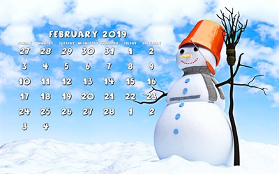 kalender februar 2019, 4k, winterlandschaft, schneemann, 2019 kalender, im februar 2019, kalender mit schneemann