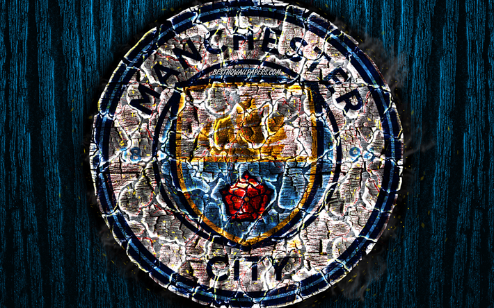 Manchester City FC, scorched logo, Premier League, blue wooden background, english football club, grunge, Man City, football, soccer, Manchester City logo, fire texture, England