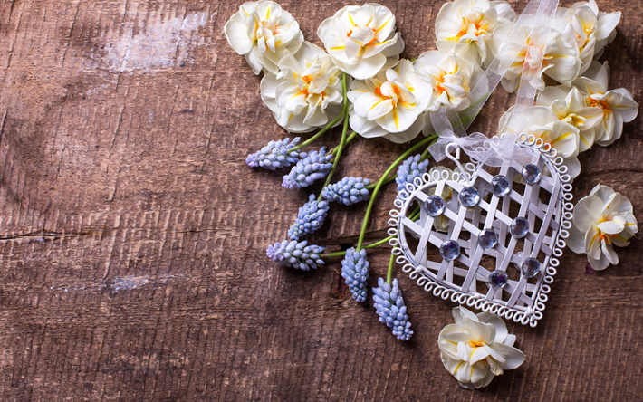 Valentines Day, heart with precious stones, wicker heart, concepts, February 14, white flowers, wooden background