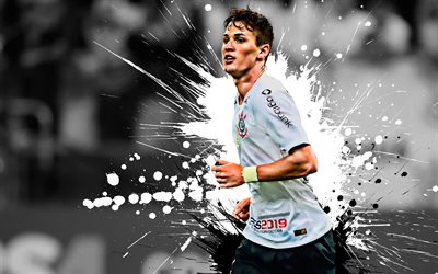 Mateus Vital, 4k, Brazilian football player, Corinthians, midfielder, white black paint splashes, creative art, Serie A, Brazil, football, grunge