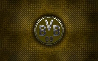 Borussia Dortmund, German football club, yellow metal texture, BVB, metal logo, emblem, Dortmund, Germany, Bundesliga, creative art, football