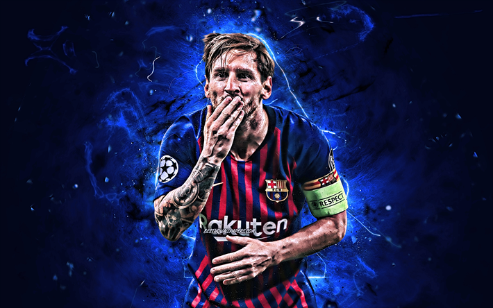 Leo Messi, um beijo, FCB, O Barcelona FC, argentino de futebol, meta, A Liga, Lionel Messi, estrelas do futebol, Messi, luzes de neon, LaLiga, Barca, futebol, Espanha