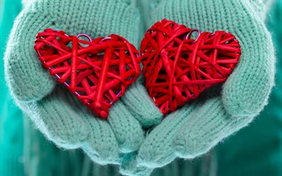 red heart in hands, valentines day, february 14, love concepts, winter, turquoise mittens, hands