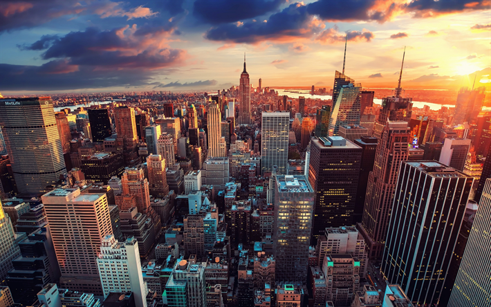 New York, Manhattan, Empire State Building, sunset, kv&#228;ll, stadsbilden, skyskrapor, NYC, USA