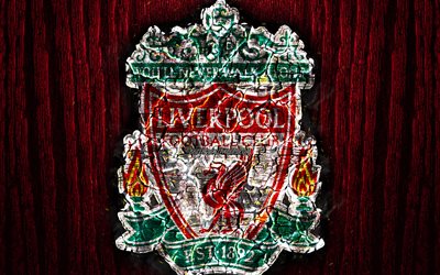 Liverpool FC, scorched logo, Premier League, red wooden background, english football club, grunge, The Reds, football, soccer, Liverpool logo, fire texture, England