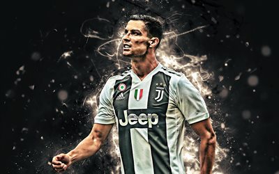 Cristiano Ronaldo, close-up, CR7 Juve, Bianconeri, striker, portuguese footballers, Juventus FC, abstract art, soccer, Serie A, Ronaldo, neon lights, CR7