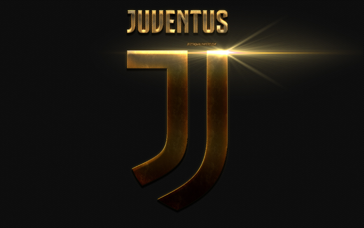 Juventus, altın metal logo, İtalyan Futbol Kul&#252;b&#252;, yeni amblemi, neon ışık, metal mesh dokusu, Torino, İtalya, Serie A, Komiser juve