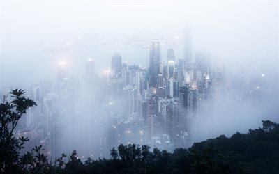 Hong Kong, nebbia, mattina, grattacieli, paesaggio urbano di Hong Kong, Asia, edifici moderni