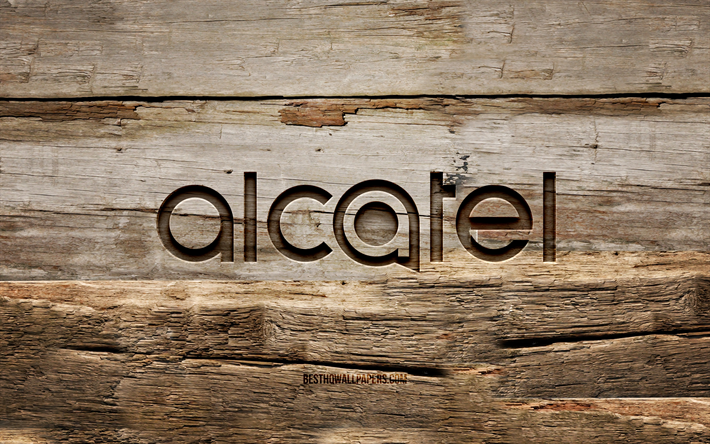 Logo en bois Alcatel, 4K, arri&#232;re-plans en bois, marques, logo Alcatel, cr&#233;atif, sculpture sur bois, Alcatel