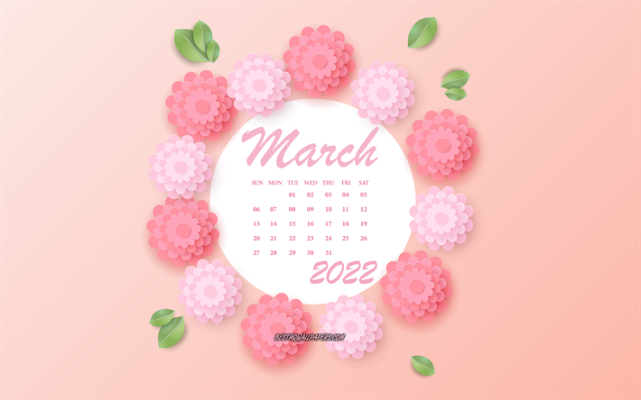 March 2022 Calendar, 4k, pink flowers, March, 2022 spring calendars, 3d paper pink flowers, 2022 March Calendar