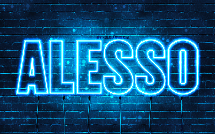 Alesso, 4k, fonds d’&#233;cran avec noms, nom Alesso, n&#233;ons bleus, anniversaire Alesso, joyeux anniversaire Alesso, noms masculins italiens populaires, image avec nom Alesso