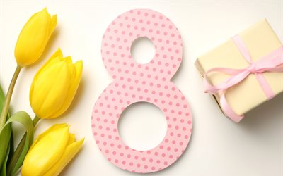 8 de mar&#231;o, 4k, tulipas amarelas, Dia Internacional da Mulher, 8 de mar&#231;o cart&#227;o de sauda&#231;&#227;o, primavera
