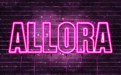 Allora, 4k, fonds d’&#233;cran avec noms, noms f&#233;minins, nom Allora, n&#233;ons violets, Anniversaire Allora, Joyeux anniversaire Allora, noms f&#233;minins italiens populaires, image avec le nom Allora