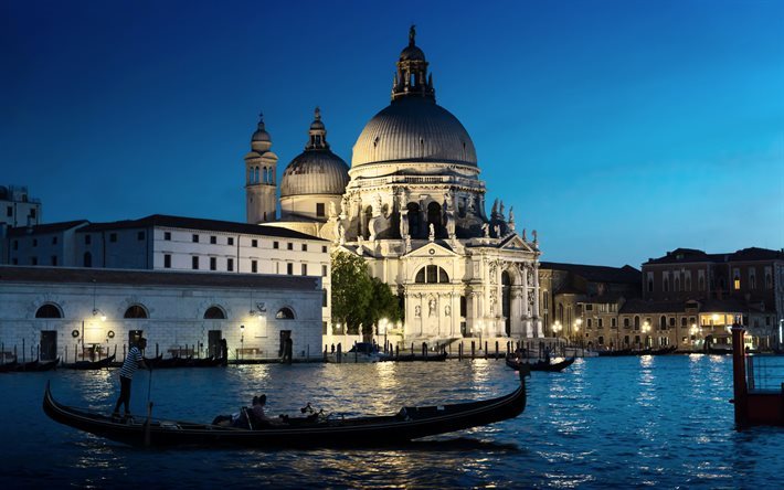 Venedig, natt, gondolerna, kanalen, Italien