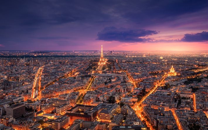 evening, Eiffel Tower, Paris, city lights, France