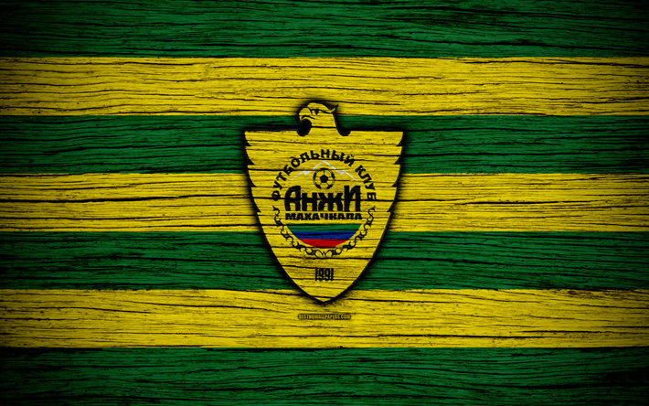 FC Anzhi Makhachkala, 4k, wooden texture, Russian Premier League, soccer, football club, Russia, Anzhi Makhachkala, logo, art, football, Anzhi Makhachkala FC