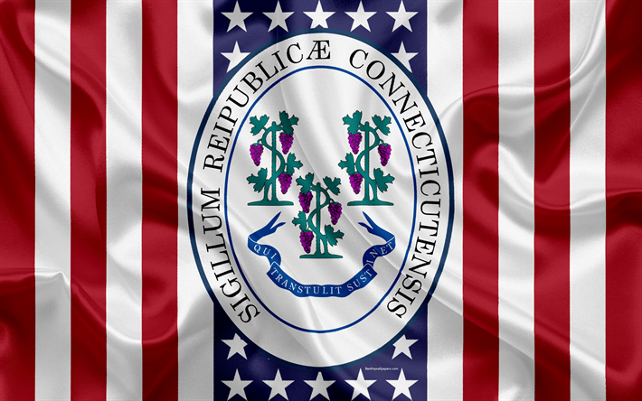 Connecticut, USA, 4k, American state, Seal of Connecticut, silk texture, US states, emblem, American flag