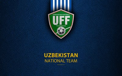 Uzbekistan national football team, 4k, leather texture, emblem, logo, Asia, football, Uzbekistan, Uzbekistan Football Federation